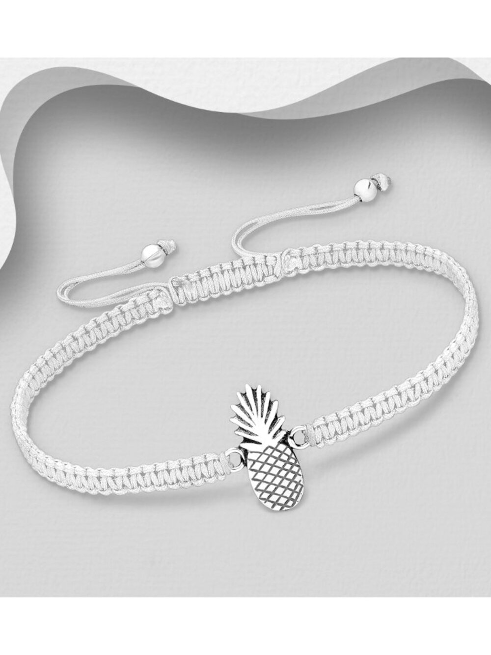 925 Sterling Silver Oxidized Pineapple with Adjustable Thread Bracelet
